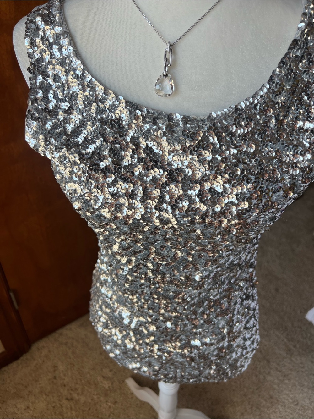 Silver Sequin Ladies Tank Top with Scoop Neck